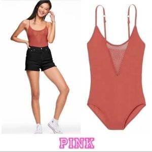 PINK Victoria's Secret Women's Tank Bodysuit Rust Seamless Mesh Snap Sz Small